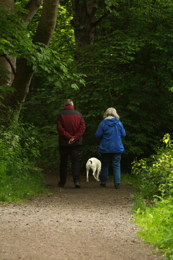 A retired couple walks in the woods
