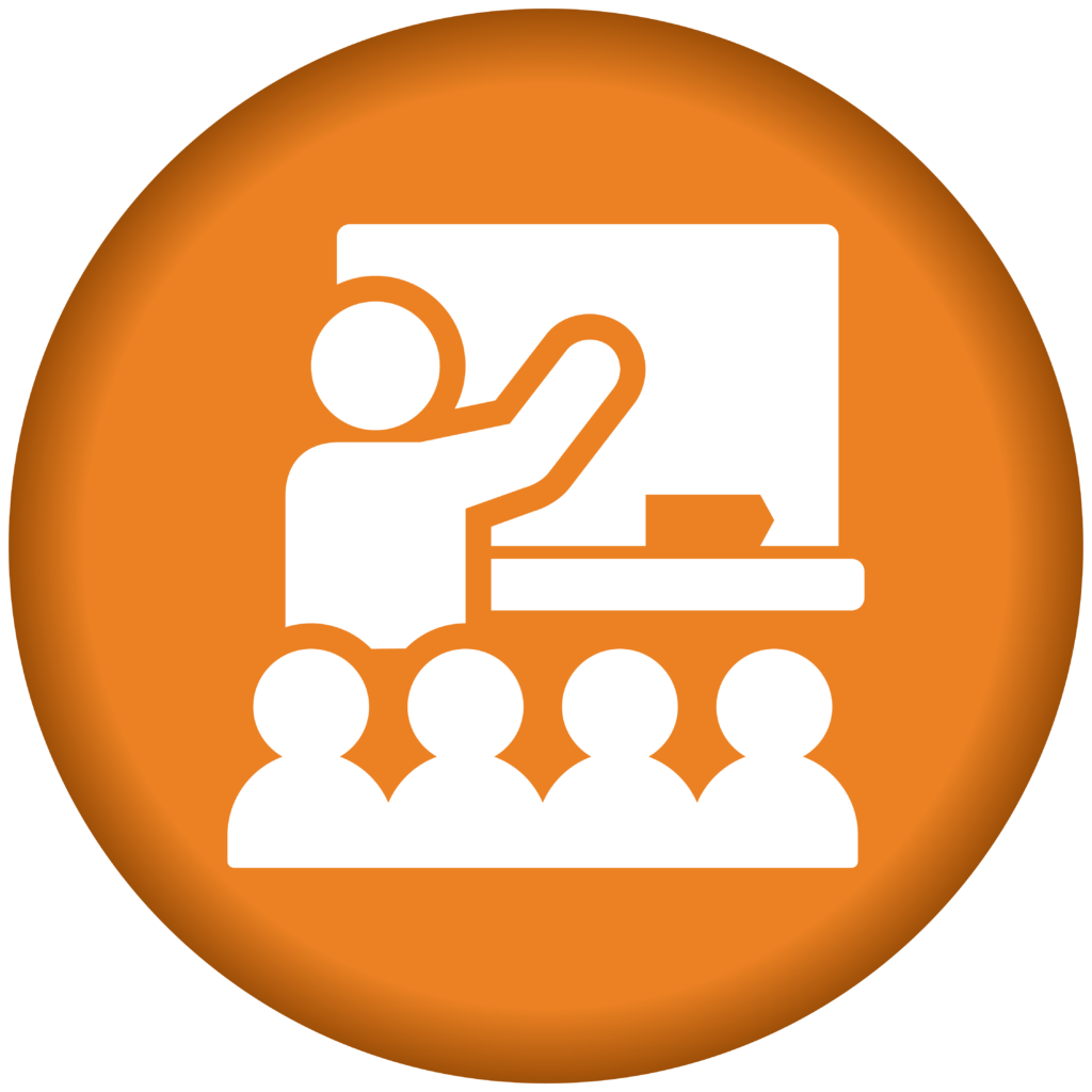 A round, orange icon containing a classroom of female doctors.